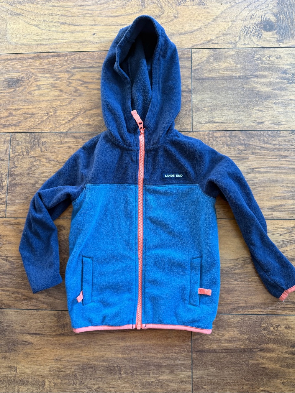Lands' End Boys' Blue Two-Tone Hooded Fleece with Coral Trim
